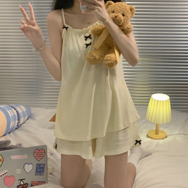 吊帶短褲睡衣 杏色蝴蝶結居家服套裝