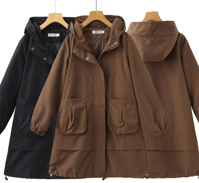 중년여성의류 루즈핏 하프기장 트렌치코트 두꺼운 봄가을 겨을 캐주얼 빅포켓 순색 바람막이 아우터