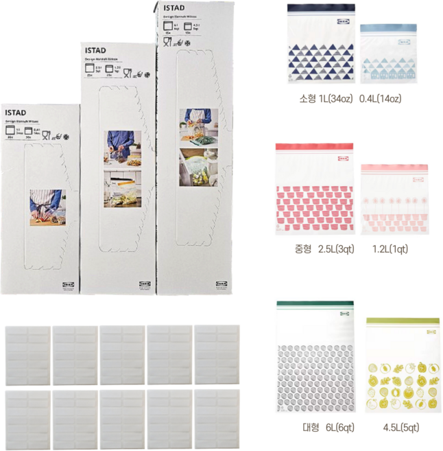 이케아 지퍼백 소 중 대 6종 + 네임스티커 세트, 혼합, 1세트, 140개