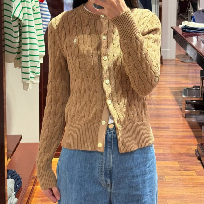 폴로랄프로랜 여성 면 꽈배기 니트 코튼 케이블 카디건 브라운