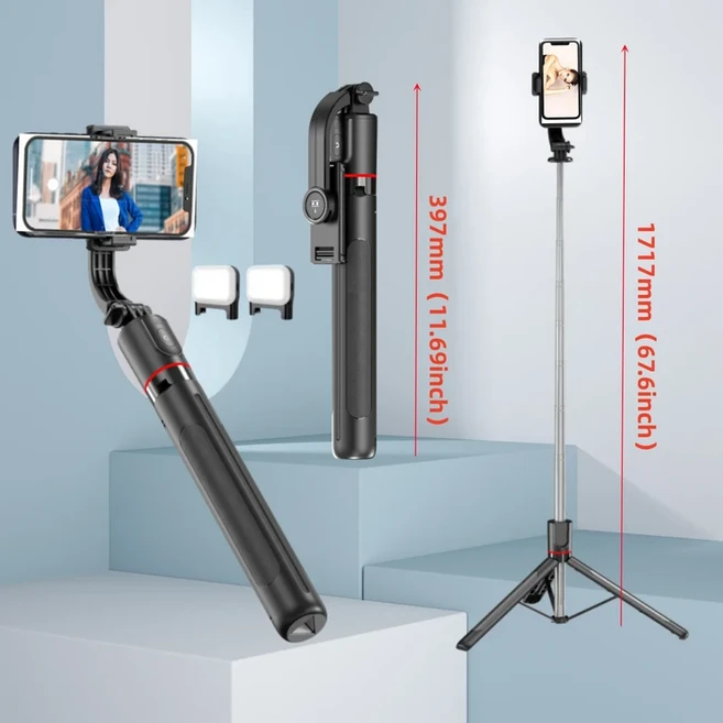 짐벌 안정기 셀카 스틱 삼각대 360 회전 iPhone Xiaomi Andriod 용 빛으로 촬영 모드 따르기, 01 With light