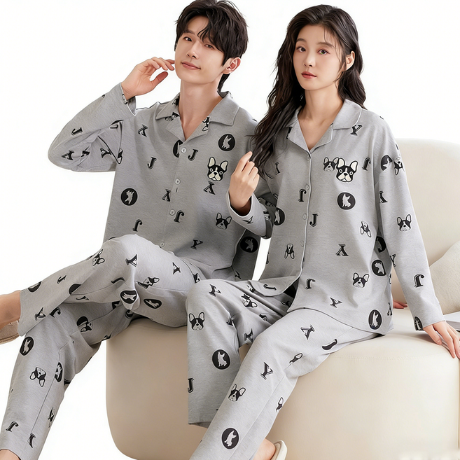 FvaBzon 커플잠옷 긴팔 홈웨어 세트 캐주얼 루즈핏 파자마
