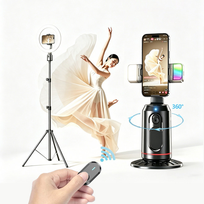 뉴테크 360도 추적 무선 원격 촬영 스마트폰 짐벌(얼굴인식+떨림방지+LED) 여행 셀카봉 라이브 영상 전용, 1개, 블랙, (AI 스마트+무선 리모컨)