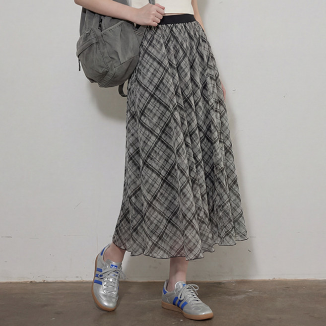 여성용 아르보 시어 체크 플레어 A라인 밴딩 스커트
