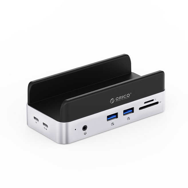 오리코 MiniDock M.2 Nvme SSD 듀얼 USB-A 마이크 SD/TF 6 in1 C타입 맥미니 M4 스탠드 멀티포트 확장 도크 VSE, 실버, 1개