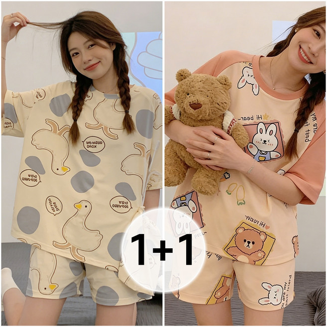 Flyaiku 1+1 여성 여름 잠옷세트 귀여운 캐릭터 반팔 반바지 홈웨어 파자마
