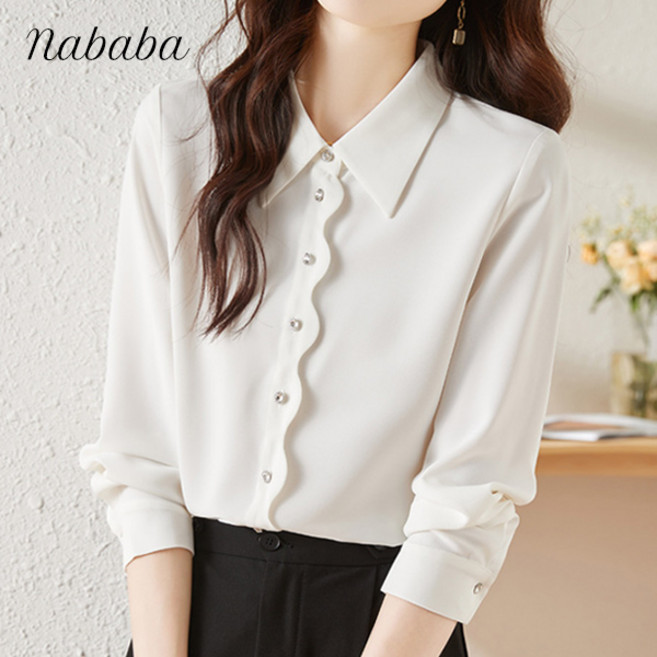 나바바 NB2835 여성 깔끔 세련미 물결 버튼 카라 긴팔 셔츠