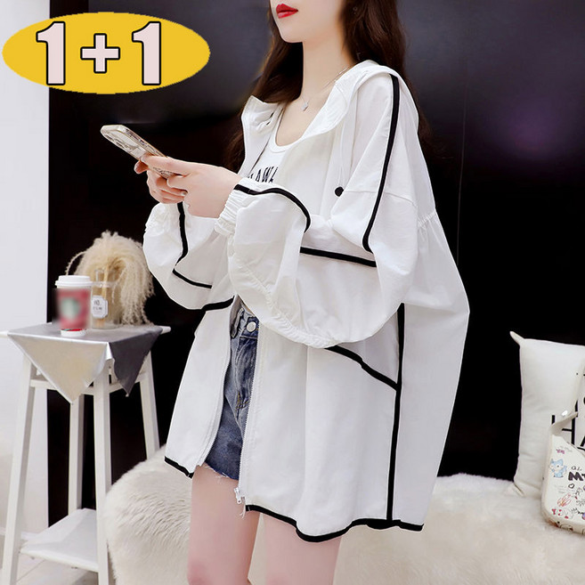2장세트 여성 여름 경량 자외선차단 바람막이 자켓 루즈핏 캐주얼 후드집업