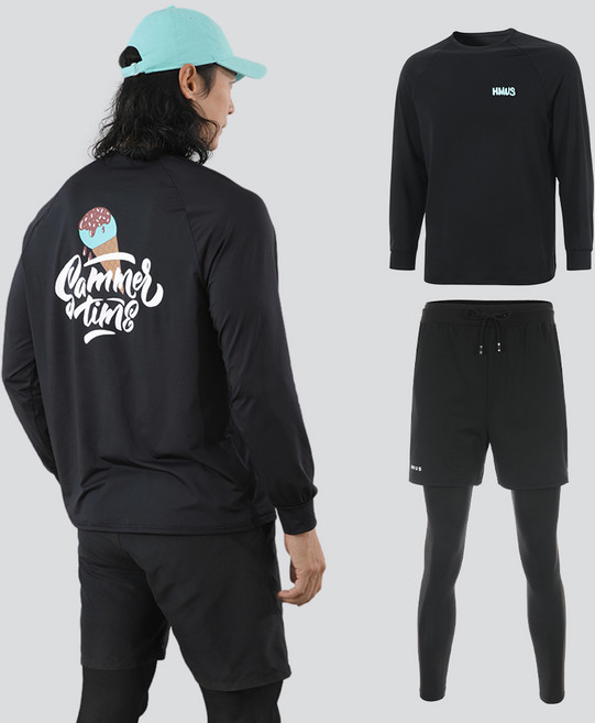 남자 루즈핏 긴팔 래쉬가드 상의 + 반바지 레깅스 하의 팬츠 세트 비치웨어 체형커버 자외선차단 휴양지 바캉스룩(11+159)