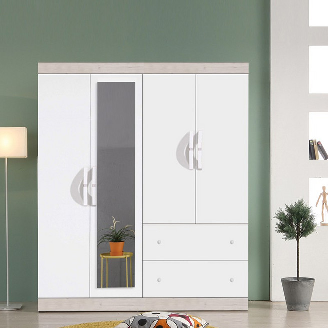 빅로드가구 거울장 나비 6자 (투서랍+양복장) 장롱세트 옷장 장롱 이불장, 워시화이트