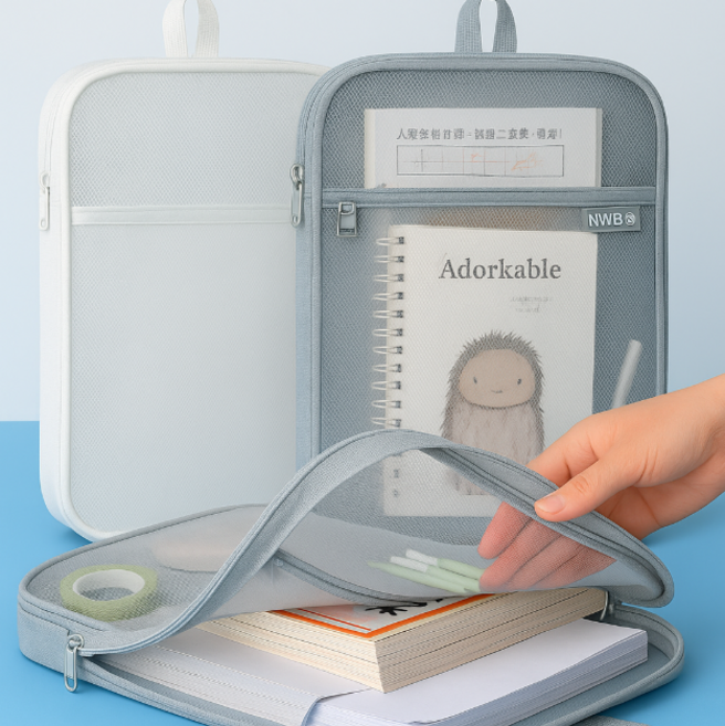 A4 문서 서류 정리 메쉬 파우치 L자형 지퍼 파일케이스 보조가방, 1개, 그레이