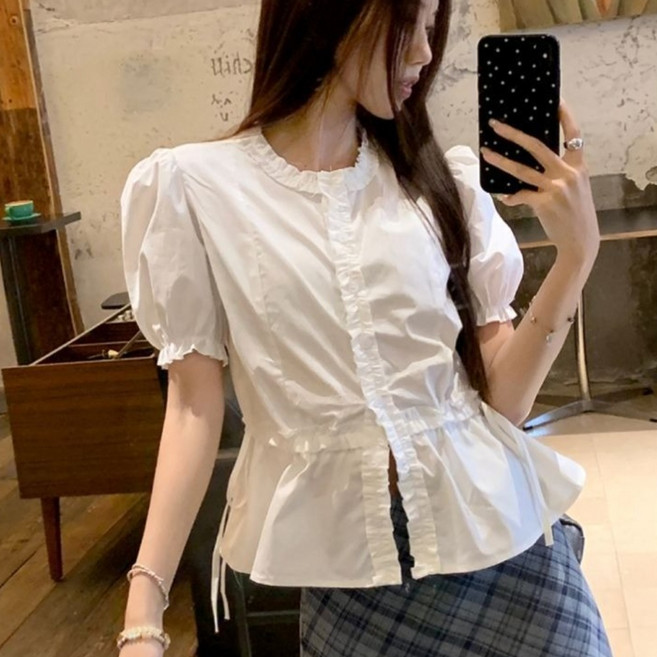 COSYEVNO 여성 여름 반팔 블라우스 프릴 셔링 허리 스트링 데일리 Tzkcsdx-17