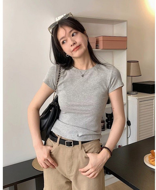 圓領短袖T恤女夏季修身內搭打底衫, 1個, 淺灰4XL(180-200斤)