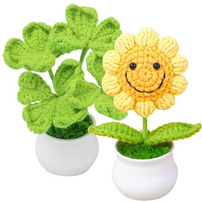 디어플레이스 니트 크로쉐 화분 장식 인테리어 2종 세트, 1개, 해바라기 & 네잎클로버