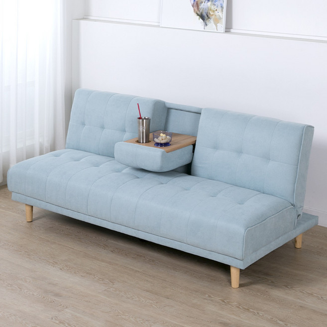 [15조한정 추가할인] 에보니아 맥심 컵홀더 3인용쇼파베드 쇼파침대 3인용쇼파 각도조절, 원목다리_패브릭 민트블루