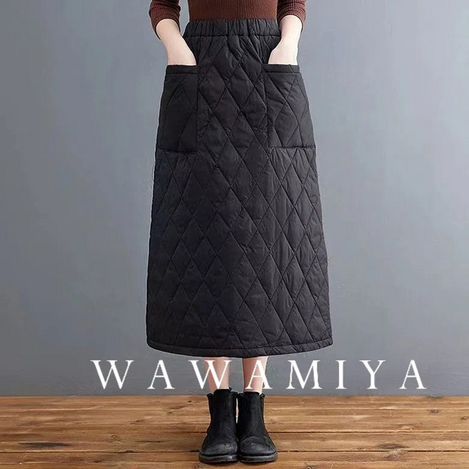 보온 스커트 가을 겨울 두꺼운 퀼팅 패딩 롱 일자 캐주얼 바람막이 스커트 여성 치마 빅사이즈 방한 WAWAMIYA