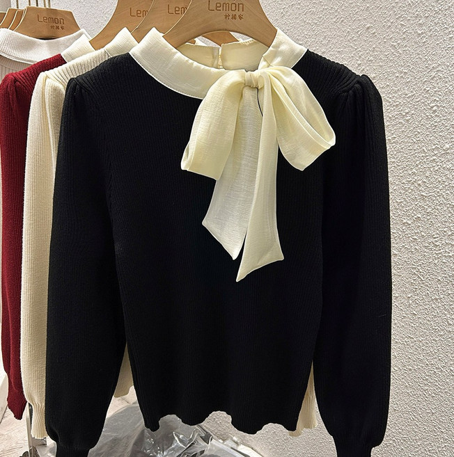 심플 니트 스웨터 캐주얼 데일리 나비 리본 카라