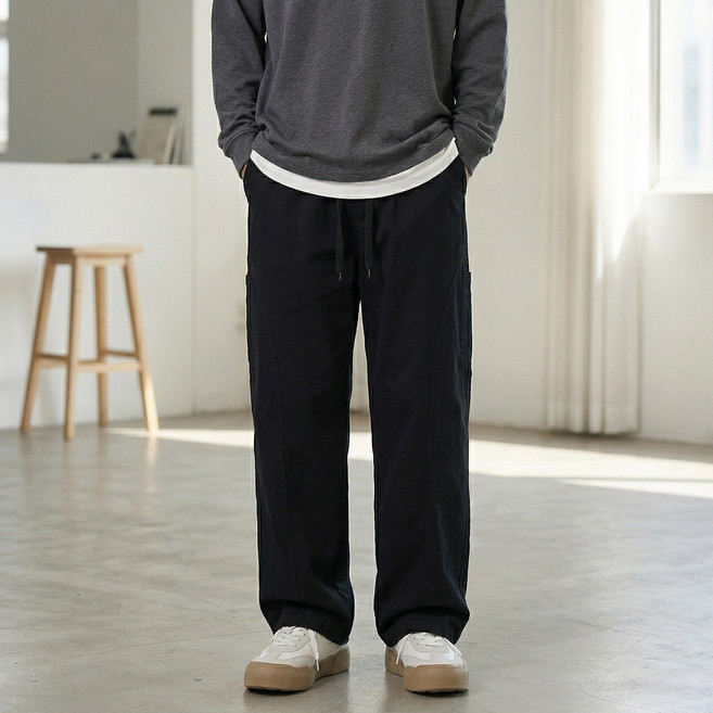 FINAL SENSE 남자 카고바지 스트레이트 루즈 핏으로 날씬해 보이는 입체적인 코튼 캐주얼 팬츠 밑단 스트링 조절 가능