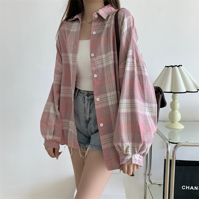 고급 디자인 감각의 소규모 여성 가을 의류 복고풍 다용도 루즈핏 체크 셔츠