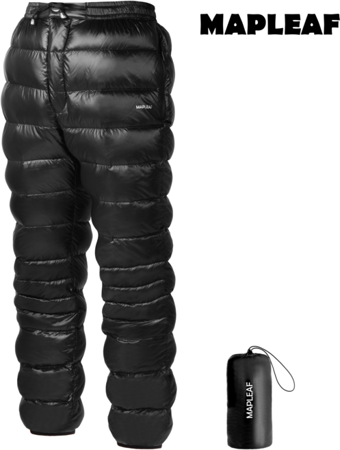 Mapleaf 다운 팬츠 블랙 800 필파워 (FP) 보온 방한 주머니 포함 YKK 지퍼 방풍 발수 경량 휴대 용이 남녀 공용 보온 팬츠 겨울용 수납백 포