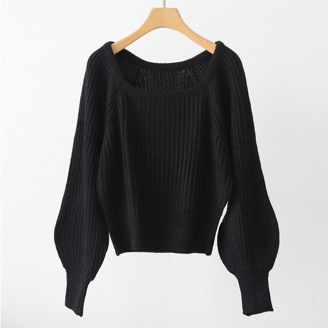 제니트 여성 우아한 실루엣 골지 퍼프 소매 와이드 시보리 스퀘어넥 긴팔 니트웨어