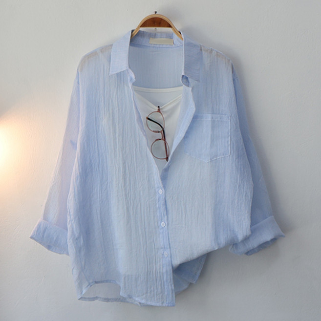 스카이코코 여성 긴팔 남방 소매롤업 제이잔줄셔츠