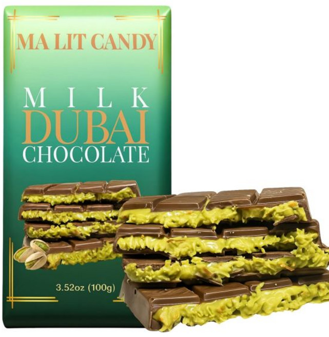 Ma Lit Candy 초콜릿 두바이 바 3.52온스 100g 고급 마 릿 캔디 밀크 바와 피스타치오 및 카나페카타이프 있는, 1