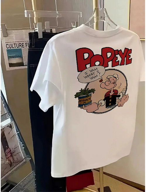 여성 Y2K 복고풍 뽀빠이 만화 T-셔츠-흰색 느슨한 짧은 소매 재킷 통기성 패브릭 봄과 여름 캐주얼 패션 디자인 의류 관리