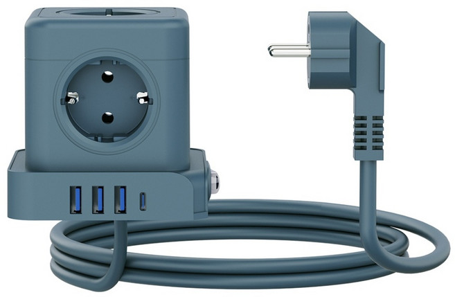 모아 CM04 큐브멀티탭 전선형 콘센트(5구/C타입/USB) 멀티콘센트 전원스위치 보호회로 안전접지 예쁜디자인 고용량 SF코팅 가정용 여행용 다용도 고속충전, 1개, 블루, 1.8m