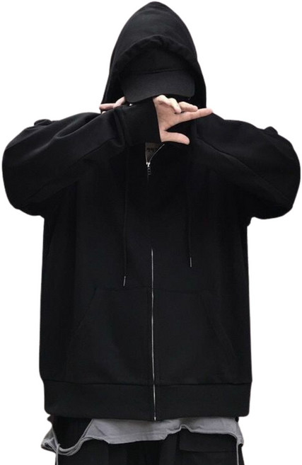 小蘭優購 日系薄刷毛連帽外套 韓國秋款休閒情侶寬鬆素面開衫衛衣 薄款 黑色 3XL 建議 71-77kg