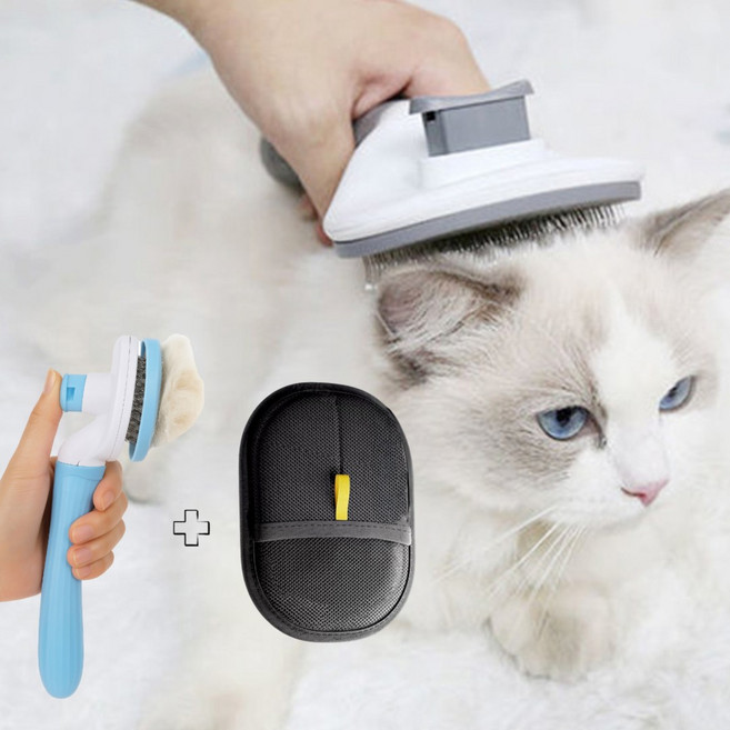 진볼리 반려동물 원터치 브러쉬 + 털제거 장갑 세트 강아지 고양이 겸용 펫 미용 브러시, 블루, 1세트