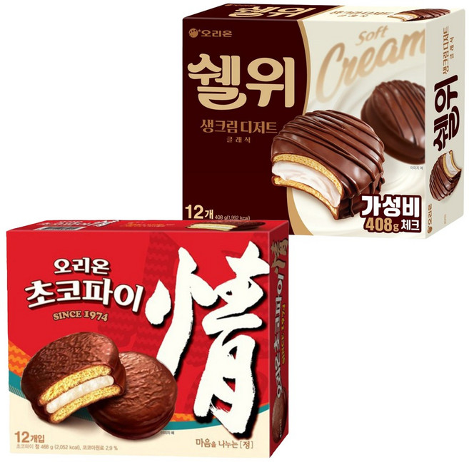 오리온 초코파이 468g 12pcs + 쉘위 생크림디저트 클래식 408g 12pcs