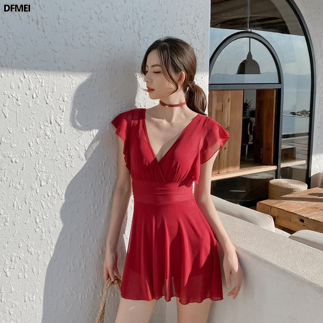 DFMEI 小胸聚攏連體泳衣女顯瘦遮肚仙女範保守溫泉遮肉泳衣黑色, L