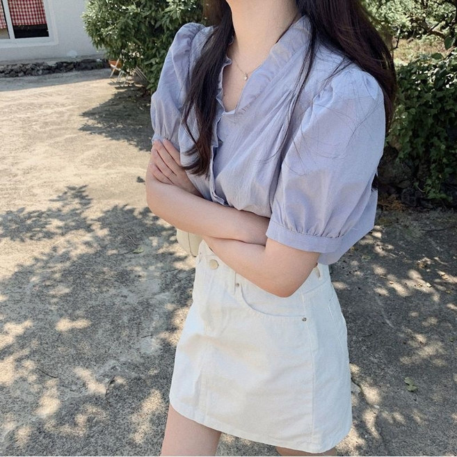 Choyur여성 V넥 러플 반팔 블라우스 상큼한 달콤한 디자인 zjw