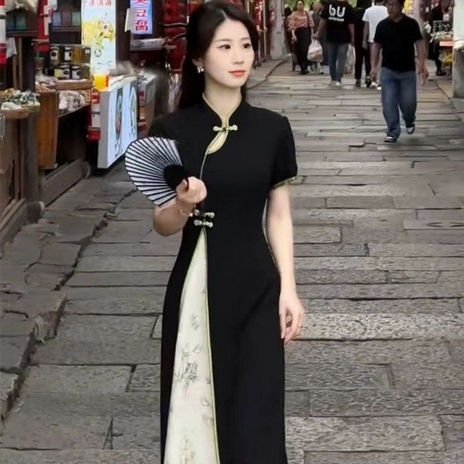 夏季時尚碎花復古中國風改良旗袍盤扣連衣裙女氣質修身拼接裙長款