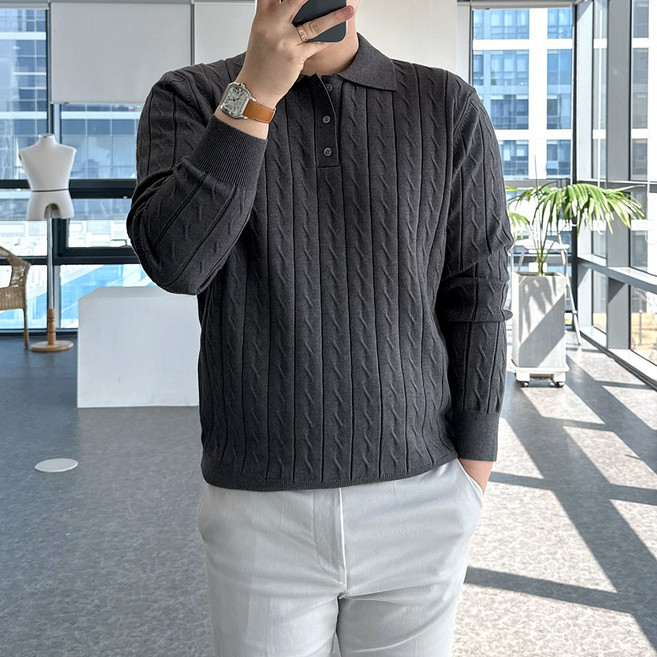 룩플레인 물결 짜임 케이블 긴팔 니트 카라 티셔츠 5color