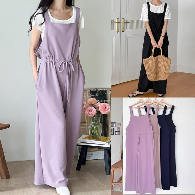 여성 오버핏 리본 셔링 끈 점프슈트 봄 가을 여름 여자 스판 멜빵바지