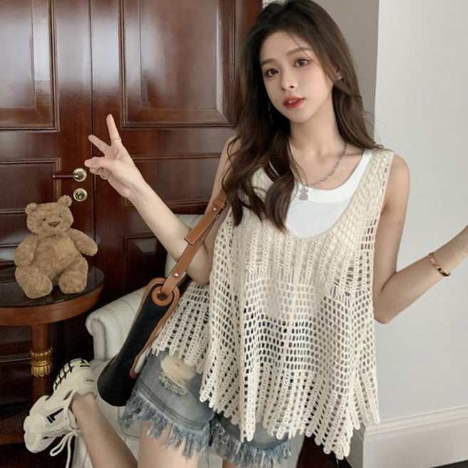 [엠에스] MS25013 그물짜임 니트/나시/조끼/레이어드/뷔스티에/여성의류/뜨개/펀칭/크로쉐/베스트