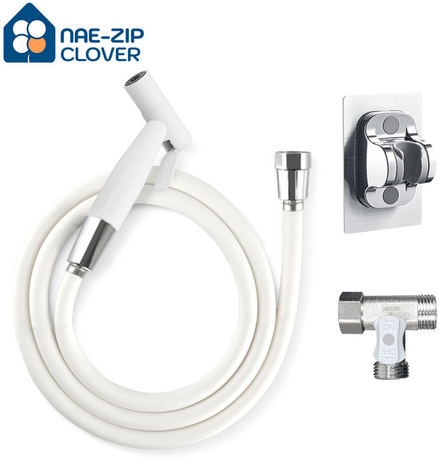 스프레이건+물때방지샤워호스+접착식거치대+황동 T 밸브 세트, 화이트, 1.5m