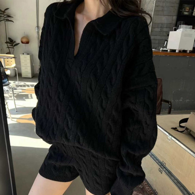 라라홀리 데일리 폴로넥 꽈배기 니트 밴딩 숏 반바지 셋업