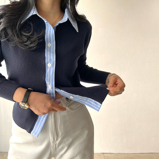네모엔룩 핀스트라잎배색 여성용 스트라이프 배색 셔츠 카라넥 일체형 투인원 페이크 레이어드 긴소매 니트 가디건