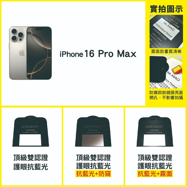 iPhone 17 滿版抗藍光防窺霧面鋼化膜保護貼 (適用: iPhone 16 15 14 13 12 Pro Max), 1個, 16PROMAX,霧面+護眼抗藍光（無防窺功能）