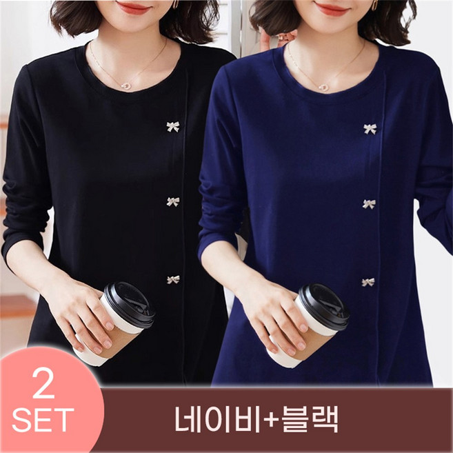 Vezri [1+1] 원플러스원 중년 여성용 봄가을 긴팔 캐주얼 티셔츠