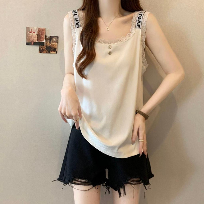 特大碼蕾絲拼接吊帶背心女胖mm寬鬆無袖上衣