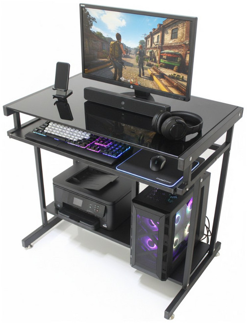 심플 좁은공간책상 키보드선반 장착 철제 선반 학생 학원 원룸 1인용 컴퓨터 책상, 블랙(강화유리)