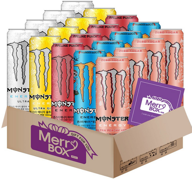 [메리박스]355ml x 20캔 혼합구성 몬스터 에너지드링크 울트라 시트라 펀치 울트라썬라이즈 망고로코 피치킨+메세지카드, 20개, 355ml, 세트05){울트4+시트4+펀치4+망고4+피치4}
