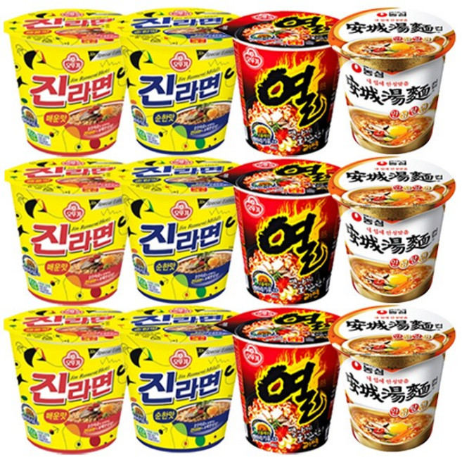 진라면 매운맛 3개+진라면 순한맛 3개+열라면 3개+안성탕면 3개 소컵 골라담기, 3개