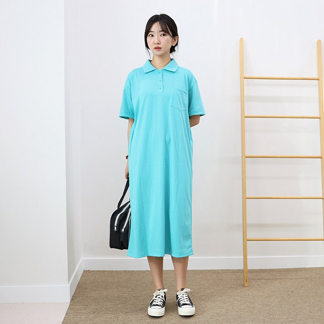 마쿠쿠 카라 피케 루즈핏 오버핏 H라인 반팔 롱 원피스