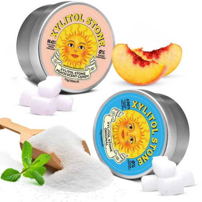 자일리톨 스톤 무설탕 사탕 - 비건 및 케토 친화적인 독특한 하드 캔디 100% 천연 향미 글루텐 프리 비유전자변형 무첨가 구취개선용 저칼로리 민트 페퍼민트 부스터 (2개 세트, 오리지널/복숭아 (2팩), 70g