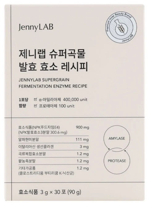 제니랩 슈퍼 곡물 발효 효소 레시피 임산부 맛있는 유산균 식이섬유 3g x 30포, 90g, 1개 - 쿠팡